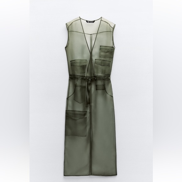 Zara Dresses & Skirts - Zara Olive Sheer Sleeveless Tie-Waist Midi Dress